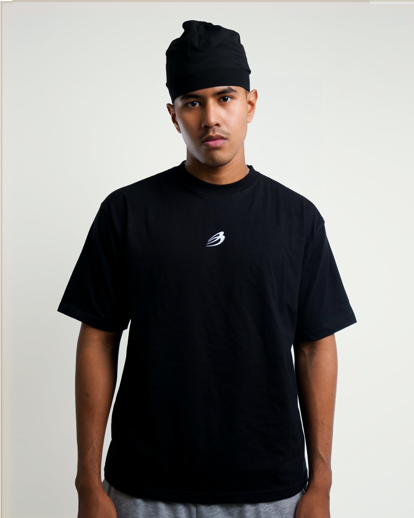 Black Iron tee, front, swept B on the chest