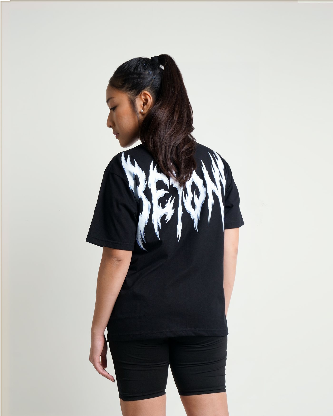 Black Iron tee, back, worn